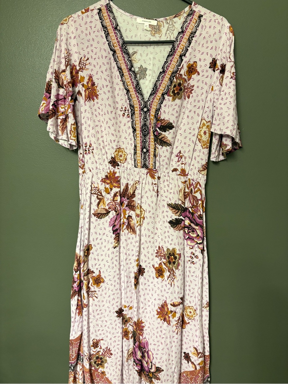 Maurices Pink Floral V-Neck Midi Dress with Ruffle Trim